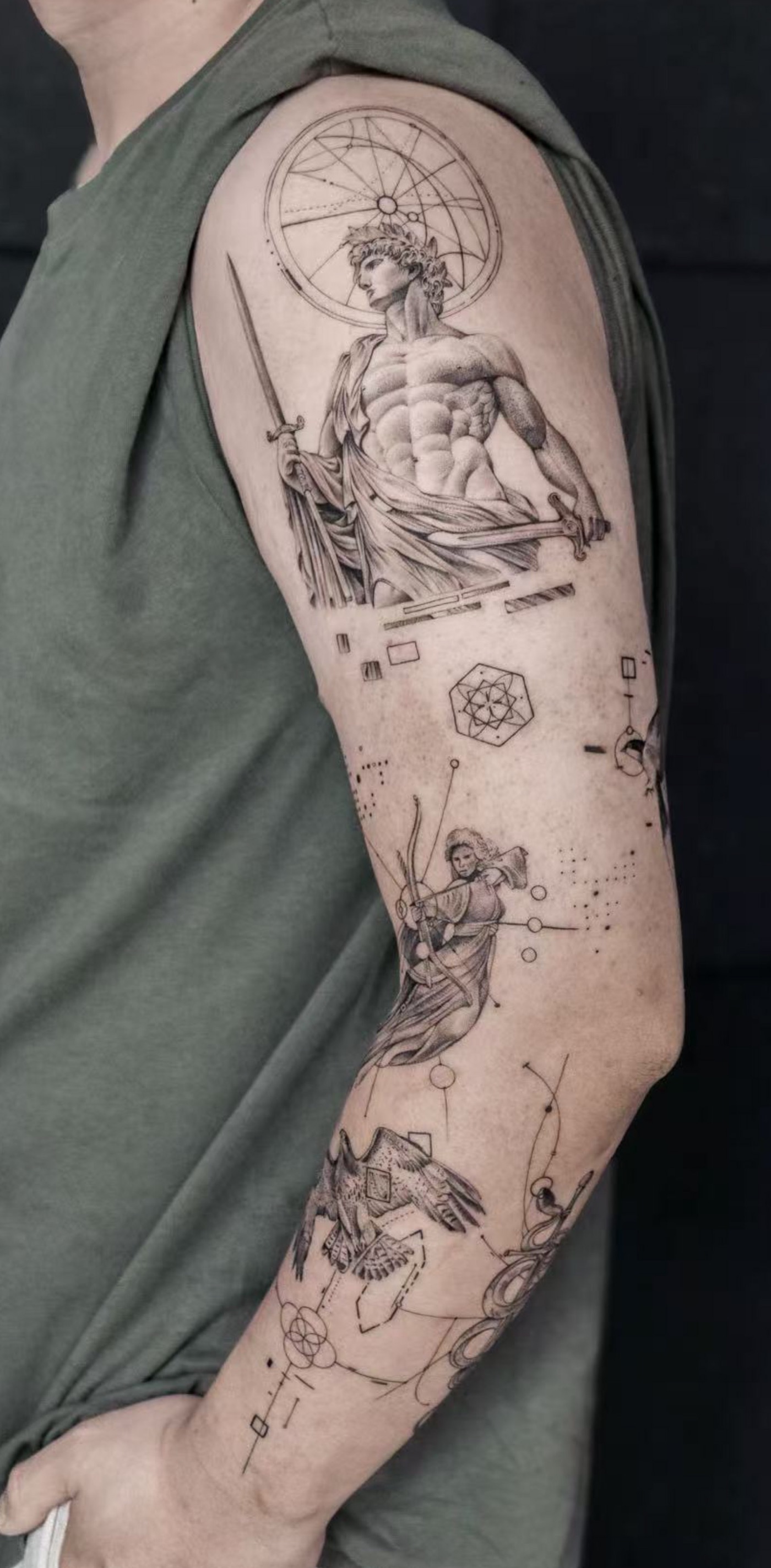 Fine line sleeve tattoo by Chris at Blank-Leaving Tattoo Studio in Auckland
